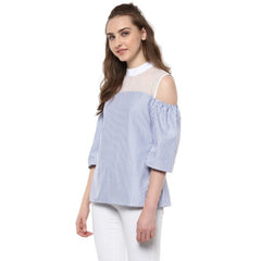 Mayawye Women's Cotton Striped Cold Shoulder Top (Blue)
