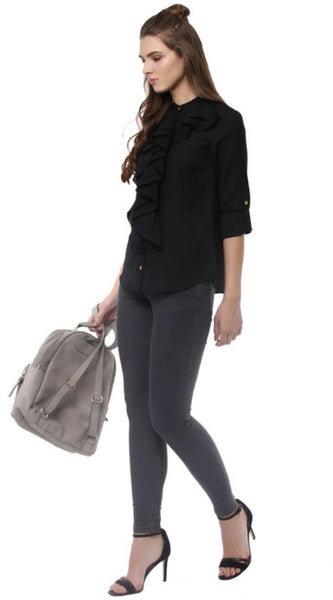 Mayawye Women's Polyester Ruffled Long Sleeves Top (Black)