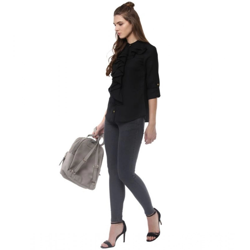 Mayawye Women's Polyester Ruffled Long Sleeves Top (Black)