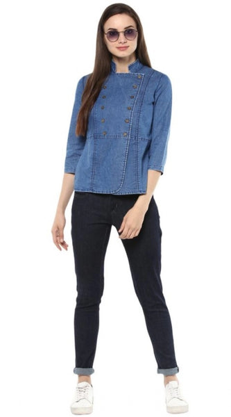 Mayawye Women's Denim Solid 3-4th Sleeves Regular Top (Blue)