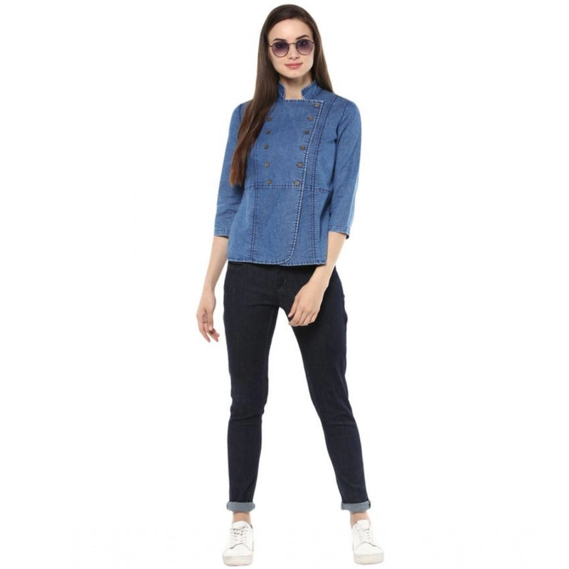 Mayawye Women's Denim Solid 3-4th Sleeves Regular Top (Blue)