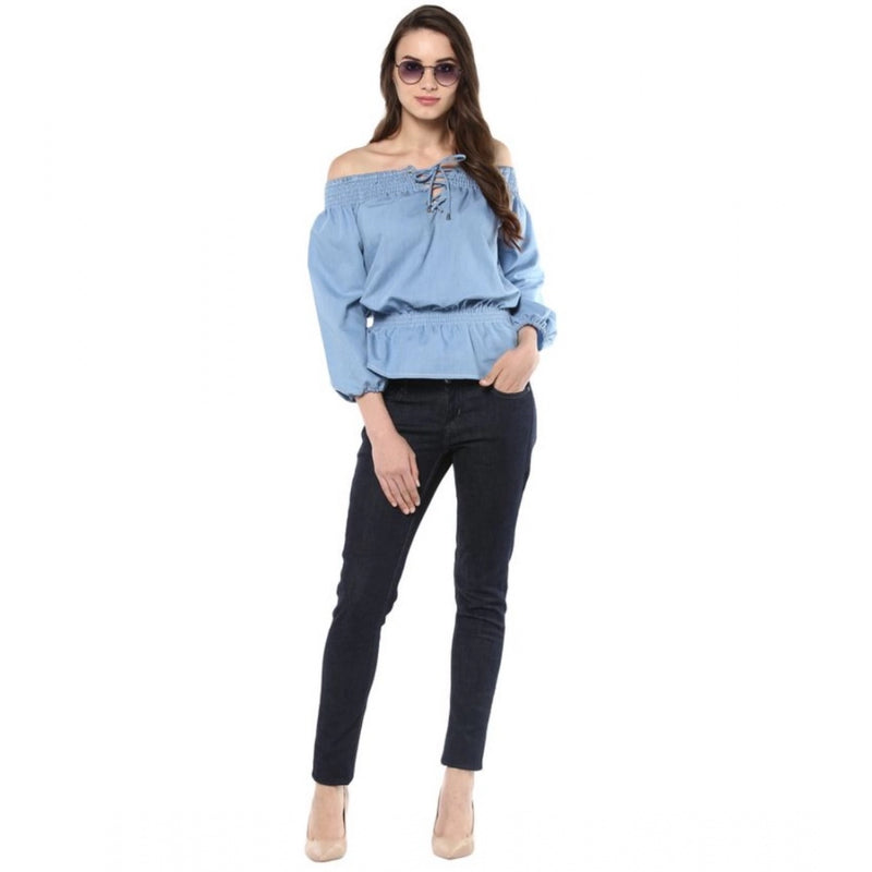 Mayawye Women's Denim Solid 3-4th Sleeves Regular Top (Blue)
