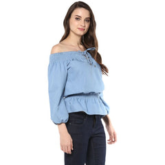 Mayawye Women's Denim Solid 3-4th Sleeves Regular Top (Blue)