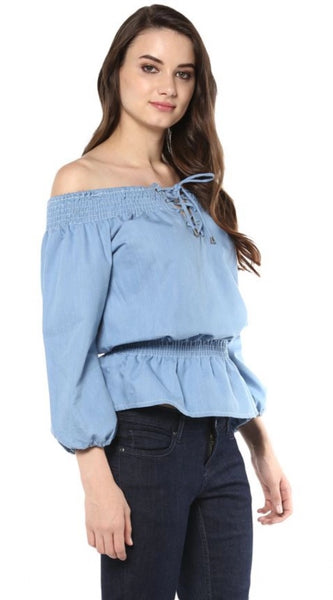 Mayawye Women's Denim Solid 3-4th Sleeves Regular Top (Blue)