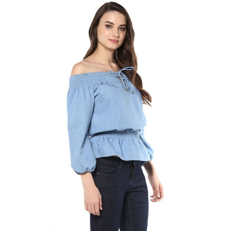 Mayawye Women's Denim Solid 3-4th Sleeves Regular Top (Blue)