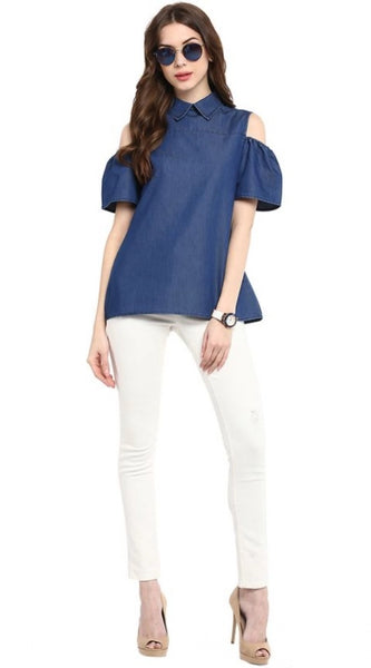 Mayawye Women's Denim Solid Cold Shoulder Regular Top (Blue)