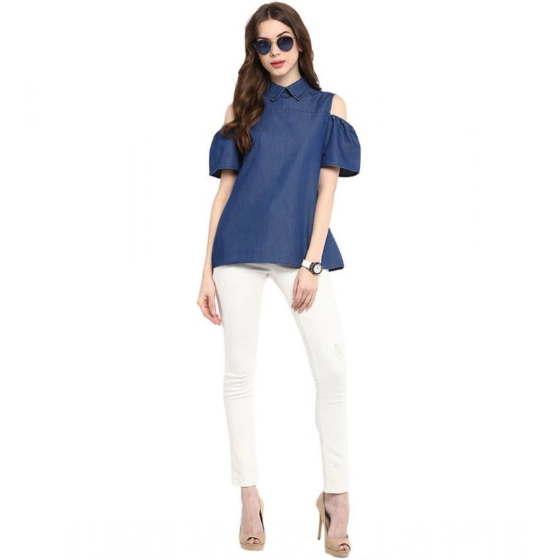 Mayawye Women's Denim Solid Cold Shoulder Regular Top (Blue)
