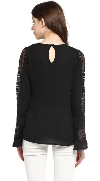 Mayawye Women's Polyester Georgette Self Design Bell Sleeve Regular Top (Black)