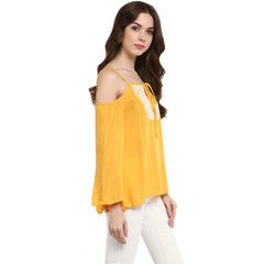 Mayawye Women's Rayon Embellished Cold Shoulder Regular Top (Mustard Yellow)