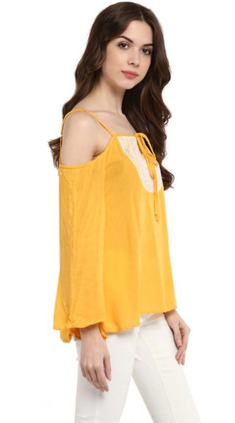 Mayawye Women's Rayon Embellished Cold Shoulder Regular Top (Mustard Yellow)