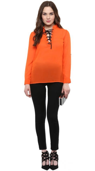 Mayawye Women's Polyester Solid Long Sleeves Regular Top (Orange)