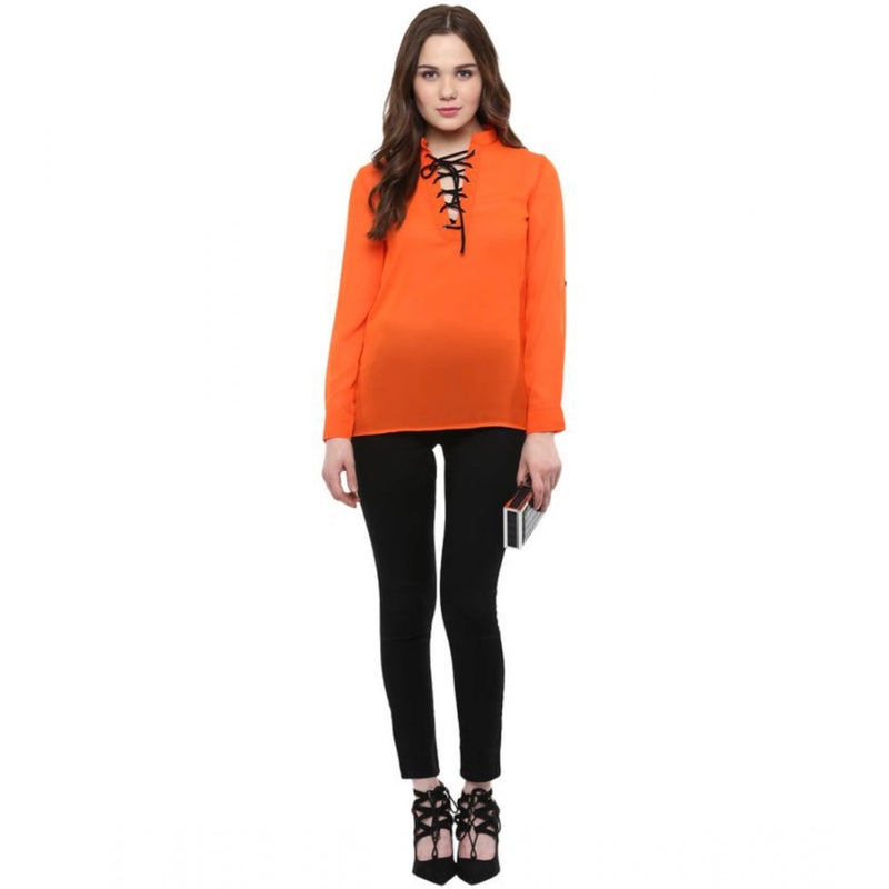 Mayawye Women's Polyester Solid Long Sleeves Regular Top (Orange)