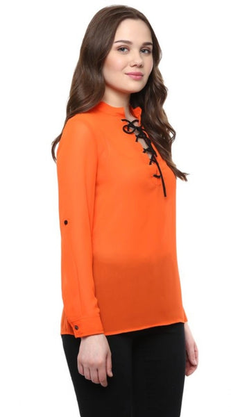 Mayawye Women's Polyester Solid Long Sleeves Regular Top (Orange)