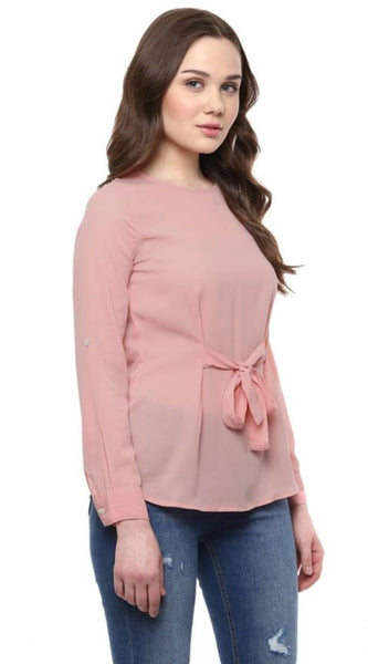 Mayawye Women's Polyester Solid Long Sleeves Regular Top (Pink)