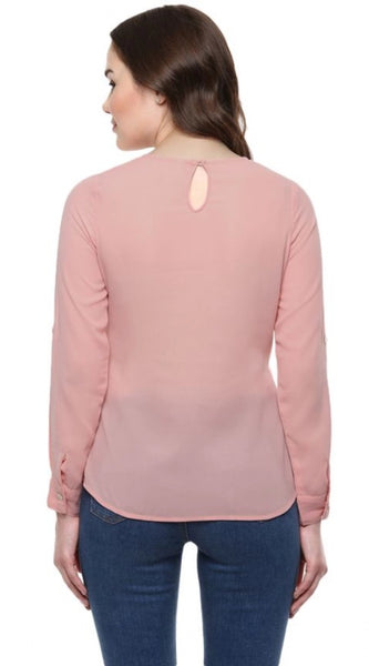 Mayawye Women's Polyester Solid Long Sleeves Regular Top (Pink)
