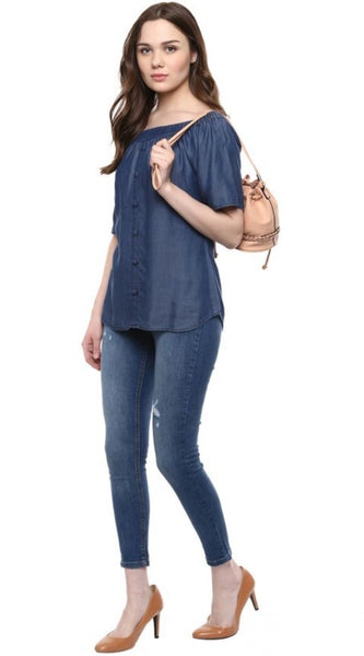 Mayawye Women's Denim Solid Short Sleeve Regular Top (Blue)