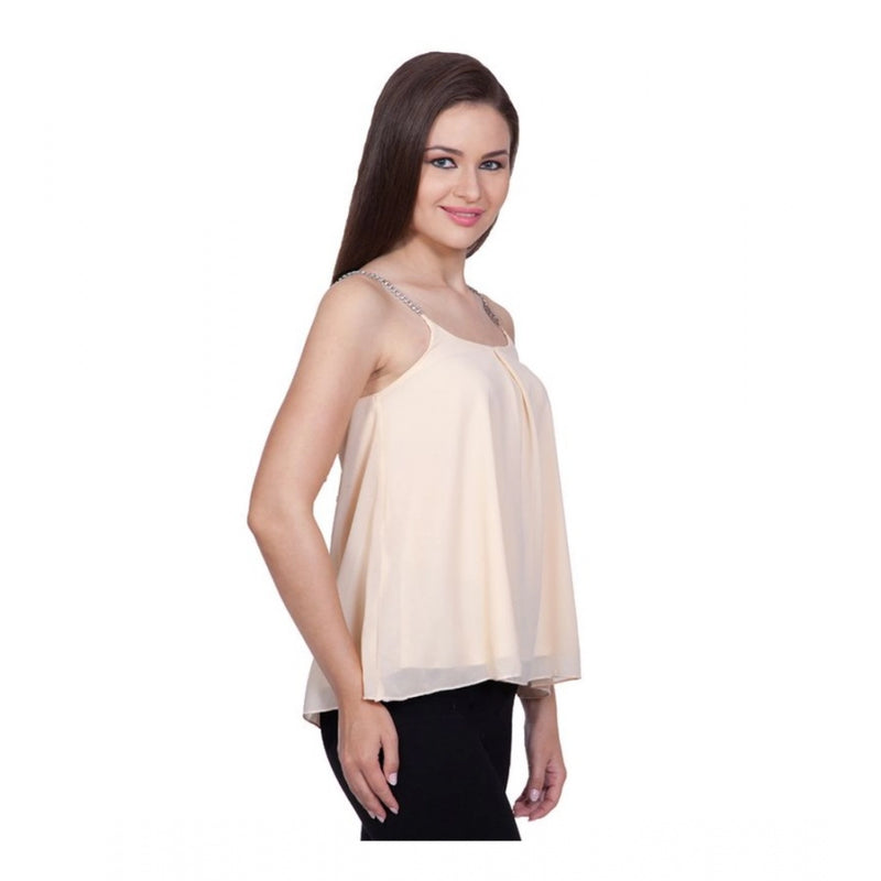 Mayawye Women's Polyester Solid Shoulder Straps Regular Top (Beige)
