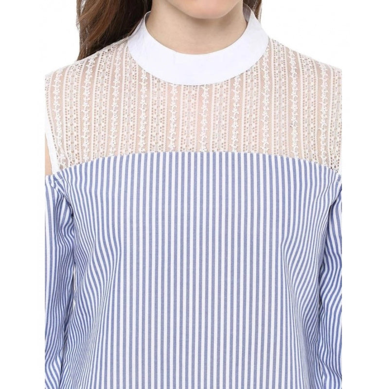 Mayawye Women's Cotton Striped Cold Shoulder Top (Blue)