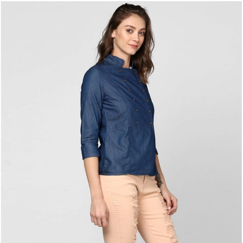 Mayawye Women's Denim Solid 3-4th Sleeves Top (Blue)
