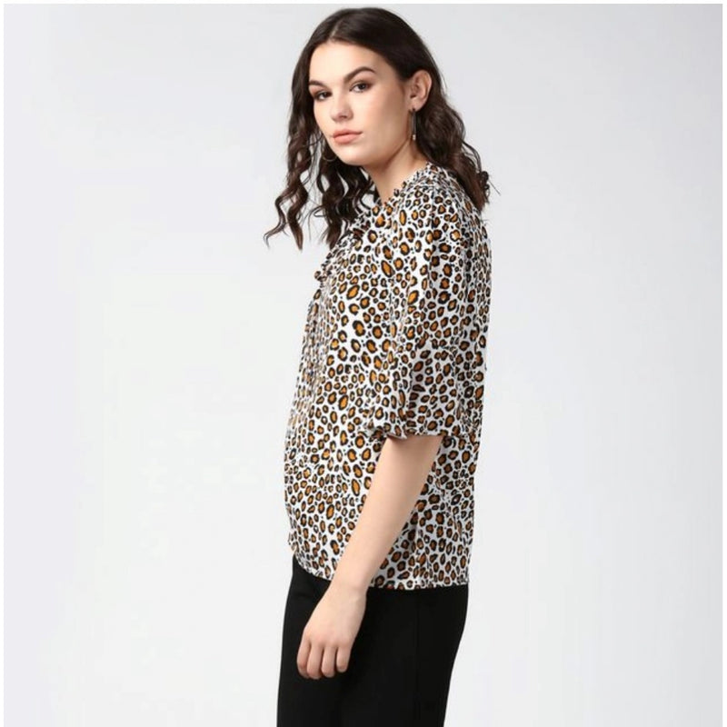 Mayawye Women's Polyester Animal Print Bell Sleeve Top (Orange - Black)