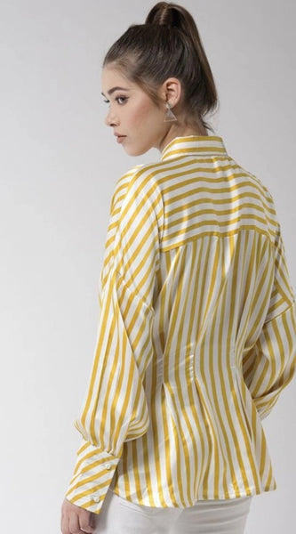 Mayawye Women's Polyester Striped Long Sleeves Top (Yellow)