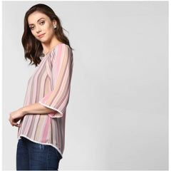 Mayawye Women's Polyester Striped 3-4th Sleeves Top (Pink)