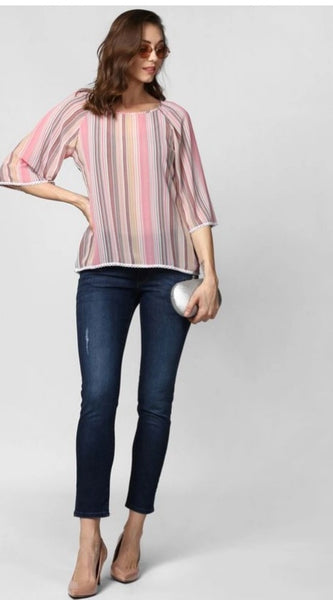 Mayawye Women's Polyester Striped 3-4th Sleeves Top (Pink)
