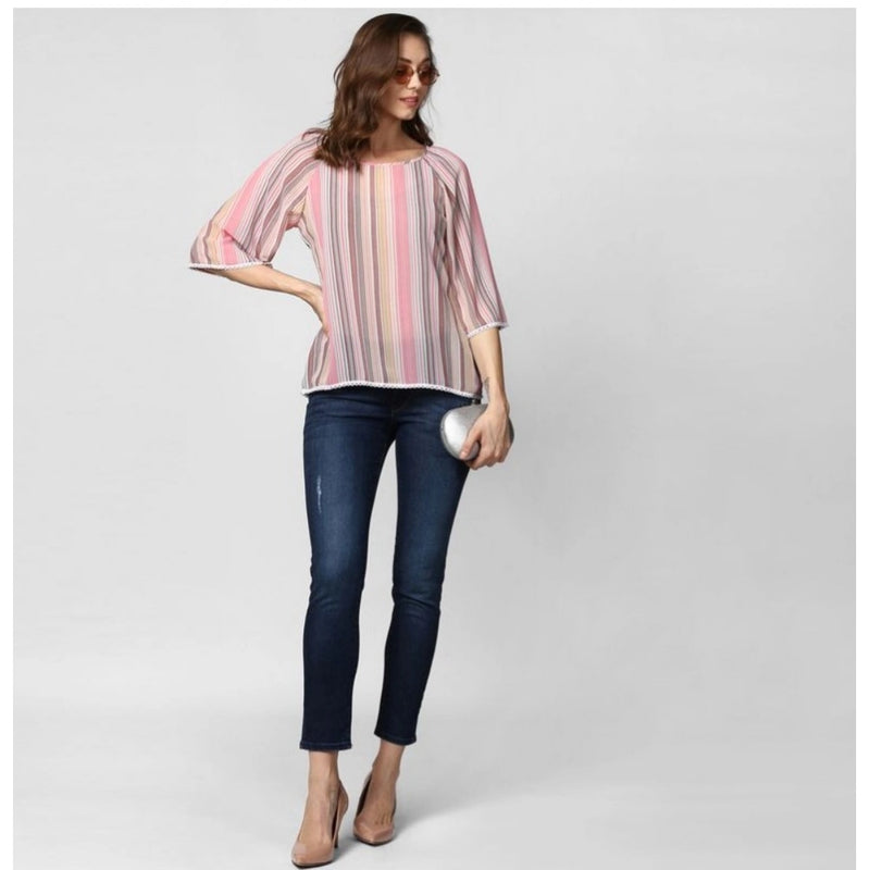 Mayawye Women's Polyester Striped 3-4th Sleeves Top (Pink)