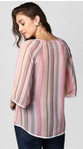Mayawye Women's Polyester Striped 3-4th Sleeves Top (Pink)