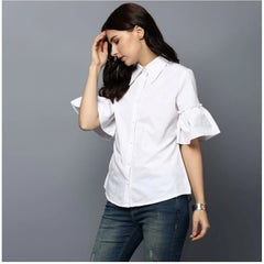 Mayawye Women's Cotton Solid Bell Sleeve Top (White)