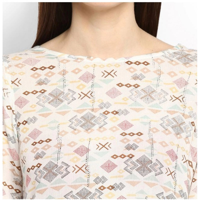 Mayawye Women's Rayon Crepe Printed Ruffle Sleeve Top (Off White - Red)