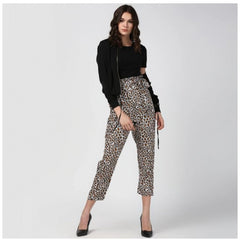 Mayawye Women's Polyester Animal Print Elasticated Trousers (White - Yellow)