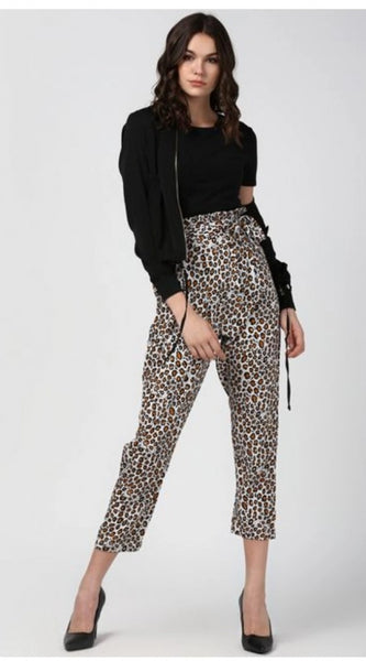 Mayawye Women's Polyester Animal Print Elasticated Trousers (White - Yellow)