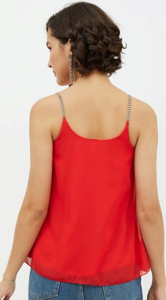 Mayawye Women's Polyester Embellished Shoulder Straps Top (Red)