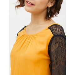 Mayawye Women's Rayon Lace Inserts Long Sleeves Top (Yellow)