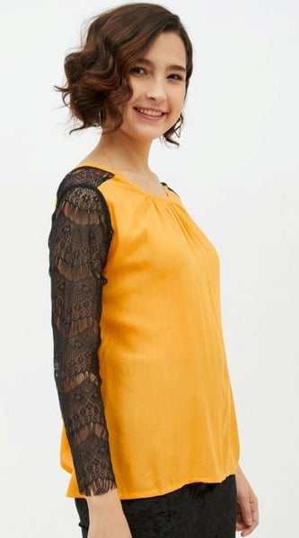 Mayawye Women's Rayon Lace Inserts Long Sleeves Top (Yellow)