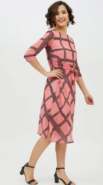 Mayawye Women's Polyester Checkered 3-4th Sleeves Below Knee Dress (Pink)