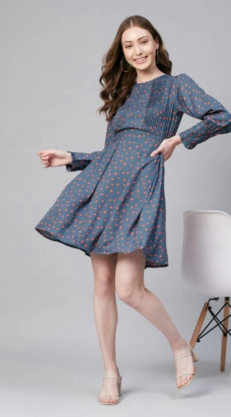 Mayawye Women's Polyester Polka Long Sleeves Above Knee Dress (Grey - Coral)