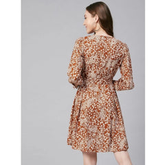 Mayawye Women's Polyester Floral Long Sleeves Above Knee Dress (Rust)