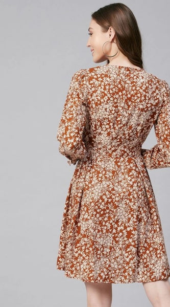 Mayawye Women's Polyester Floral Long Sleeves Above Knee Dress (Rust)