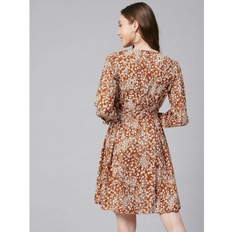 Mayawye Women's Polyester Floral Long Sleeves Above Knee Dress (Rust)