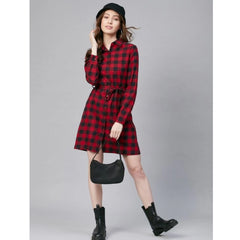 Mayawye Women's Cotton Checkered Long Sleeves Above Knee Dress (Red - Black)