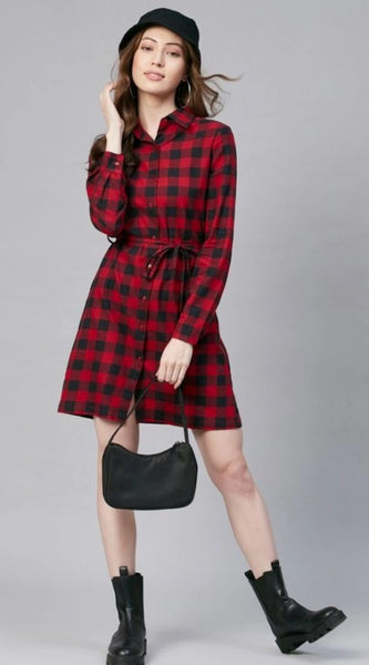 Mayawye Women's Cotton Checkered Long Sleeves Above Knee Dress (Red - Black)
