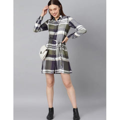 Mayawye Women's Cotton Checkered Long Sleeves Above Knee Dress (Olive - White)