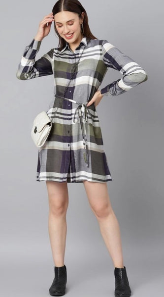 Mayawye Women's Cotton Checkered Long Sleeves Above Knee Dress (Olive - White)