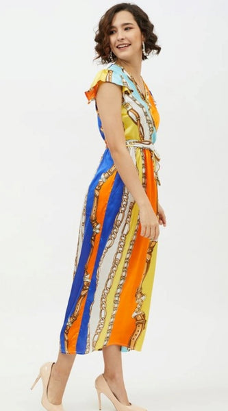 Mayawye Women's Satin Chain Print Cap Sleeve Calf-length Dress (Multicolor)
