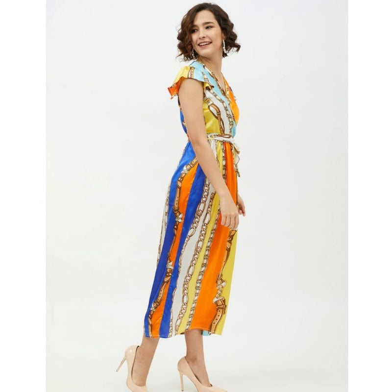 Mayawye Women's Satin Chain Print Cap Sleeve Calf-length Dress (Multicolor)