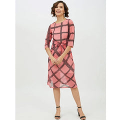 Mayawye Women's Polyester Checkered 3-4th Sleeves Below Knee Dress (Pink)