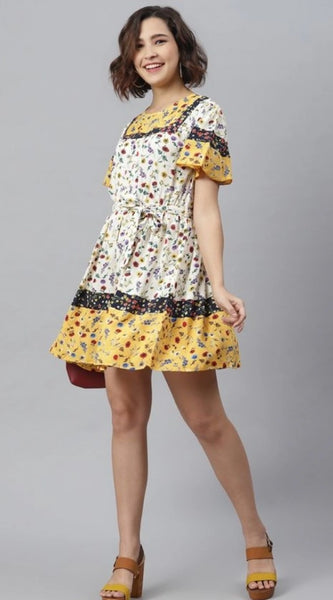 Mayawye Women's Polyester Floral Flutter Above Knee Dress (Multicolor)