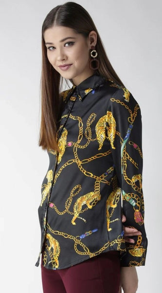 Mayawye Women's Satin Printed Long Sleeves Standard Length Shirt (Black - Gold)